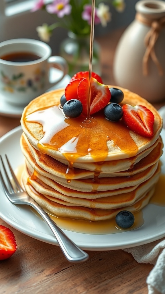 Fluffy Pancake Recipe A stack of golden fluffy pancakes topped with strawberries and blueberries, drizzled with syrup on a white plate.